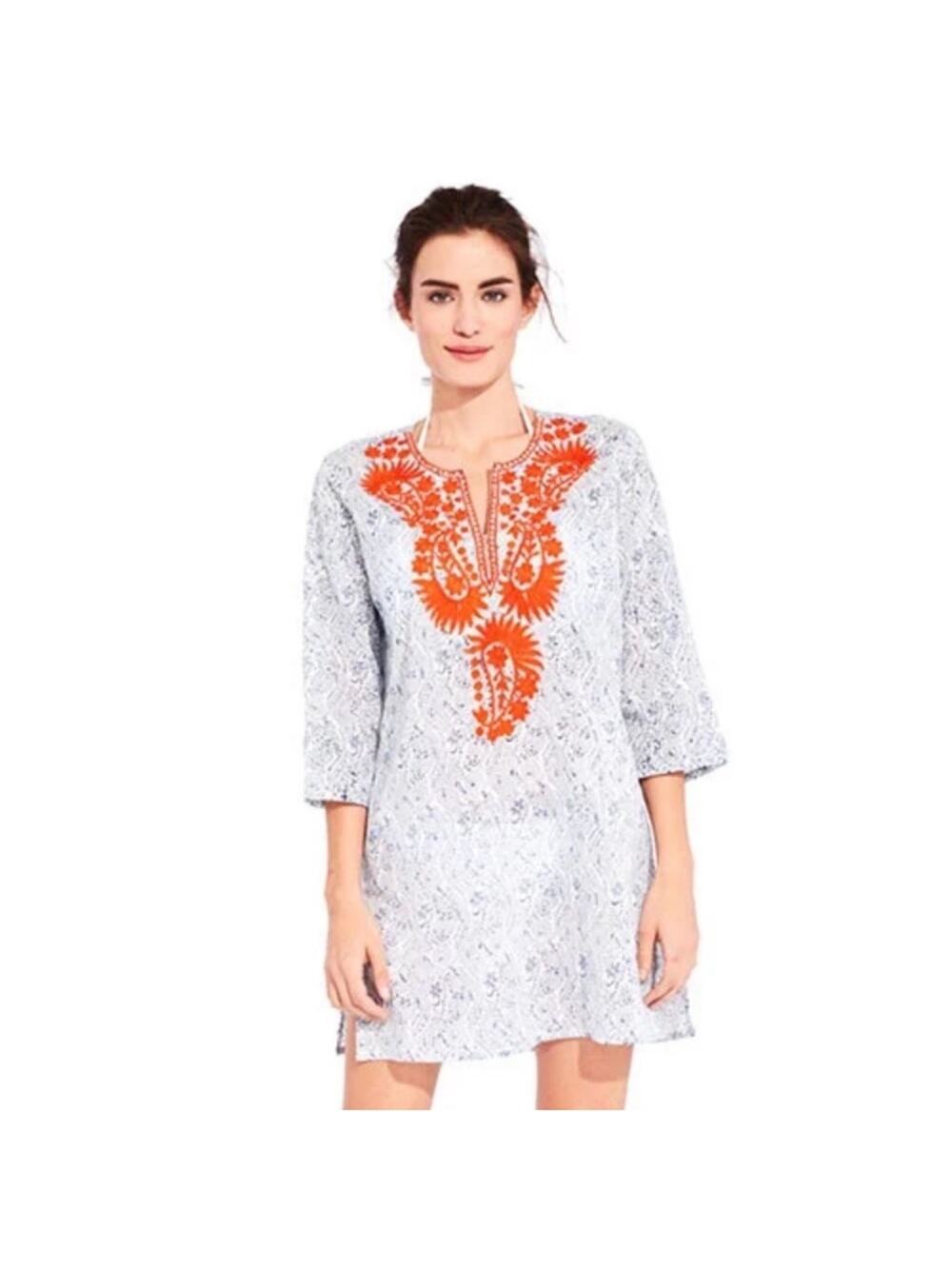 Roller Rabbit White Tunic Coverup with Orange Embroidery